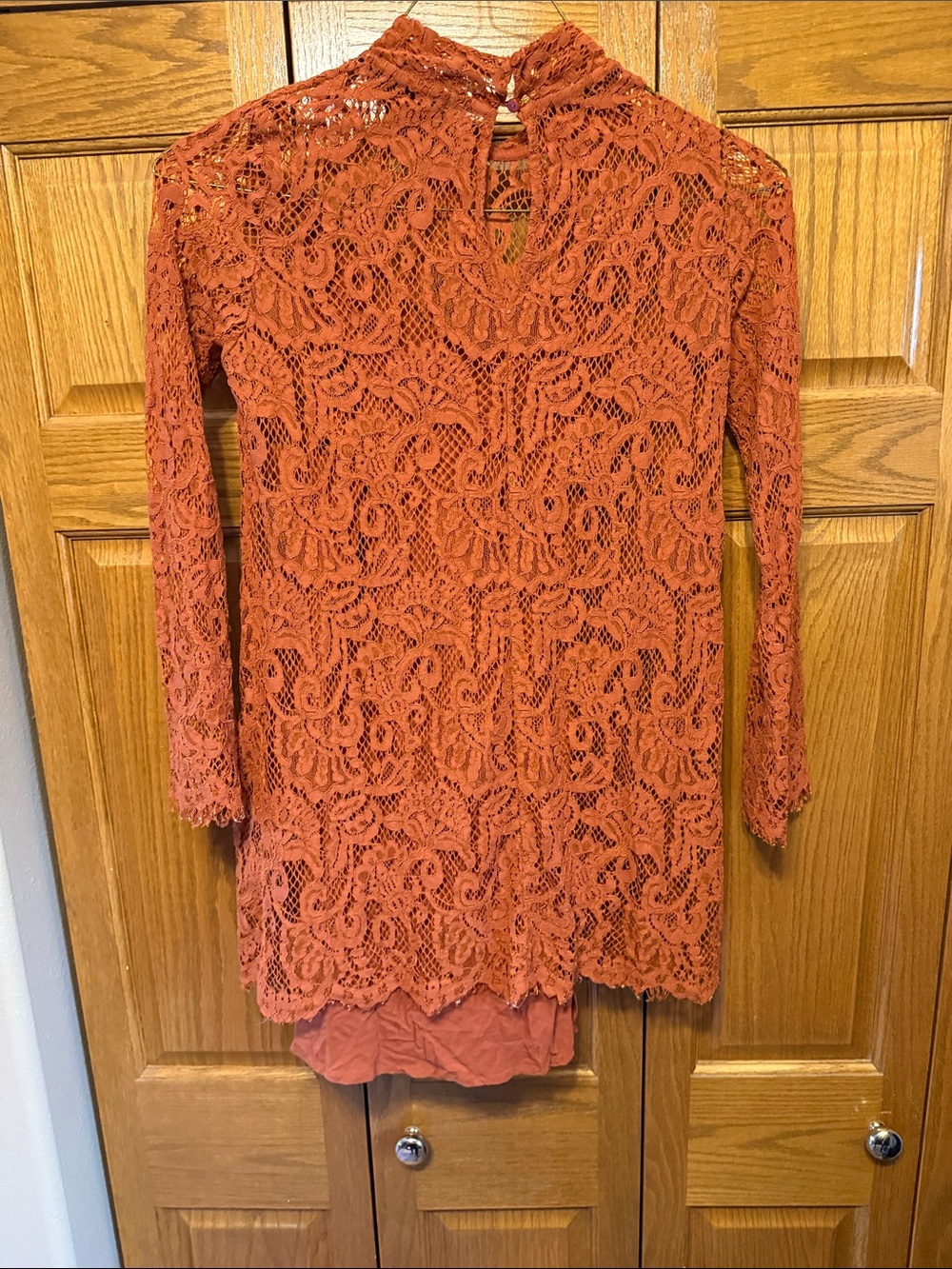 Lace Long-Sleeve Mock Neck Dress- Rust/Size: Medium - Picture 6 of 10
